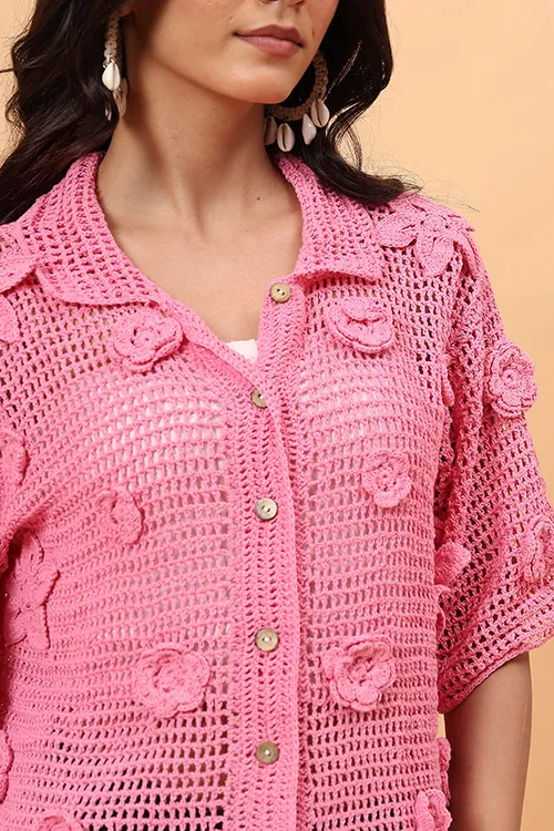Ajoobaa "Airy"  Crochet Shirt - Pink - Image 2