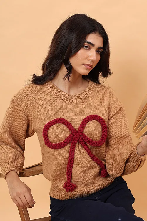 Ajoobaa "Big Bow" Merino Pullover - Beige - Image 2