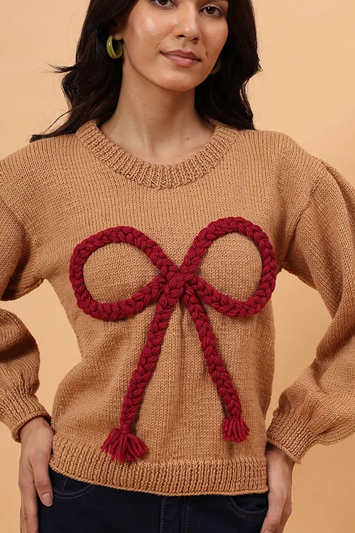 Ajoobaa "Big Bow" Merino Pullover - Beige - Image 4