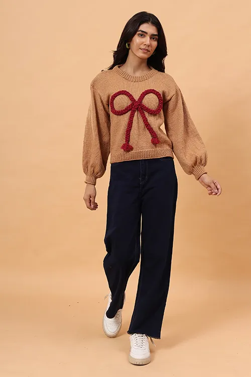 Ajoobaa "Big Bow" Merino Pullover - Beige - Image 5