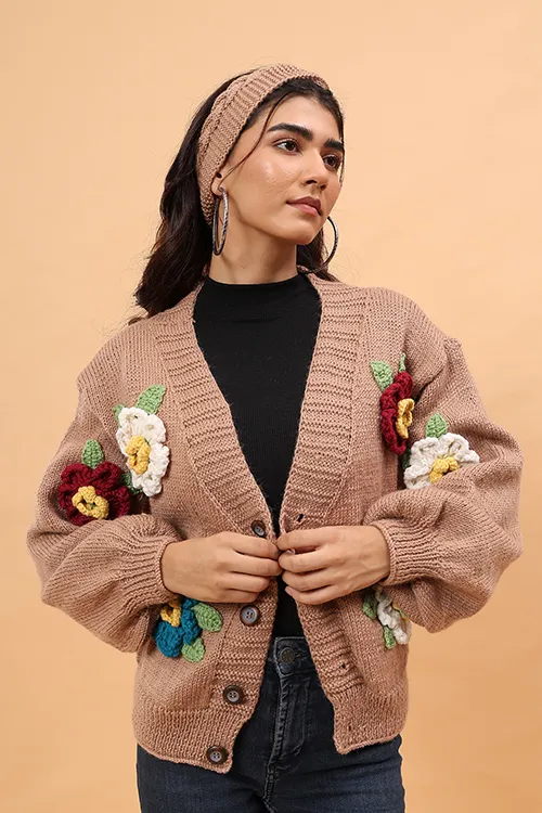 Ajoobaa Colorful "3 D Blossom" Handknitted Merino Sweater - Beige - Image 4