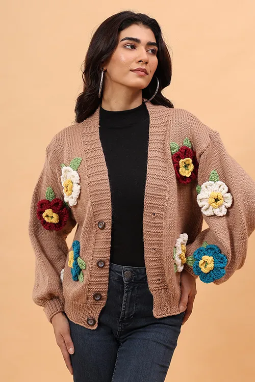 Ajoobaa Colorful "3 D Blossom" Handknitted Merino Sweater - Beige - Image 7