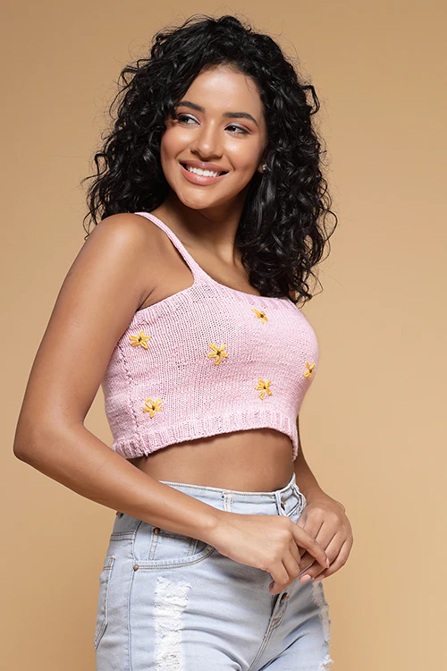 Ajoobaa "Floral" Embroidered Handknitted Top- Pink - Image 5