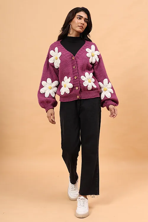 Ajoobaa "Floral" Handknitted Merino Sweater - Purple - Image 4