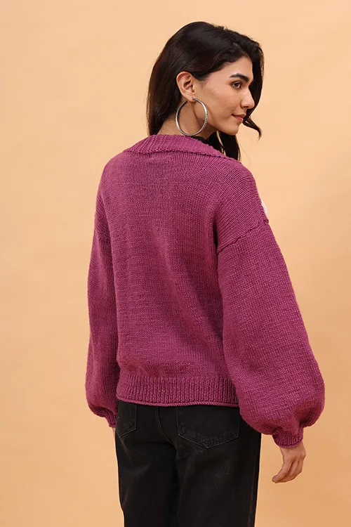 Ajoobaa "Floral" Handknitted Merino Sweater - Purple - Image 6