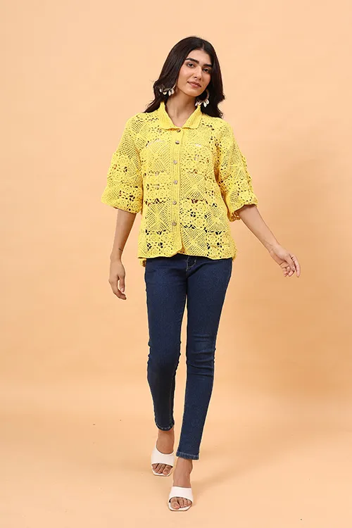 Ajoobaa "Floral Square" Crochet Shirt - Yellow - Image 4