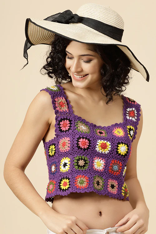 Ajoobaa "Granny Square" Crochet Top-Purple - Image 6