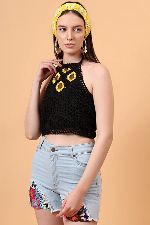 Ajoobaa Halternck  "Sunflower" Crochet Black Top - Image 3