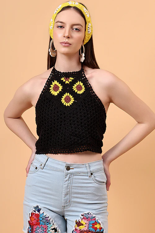 Ajoobaa Halternck  "Sunflower" Crochet Black Top - Image 5