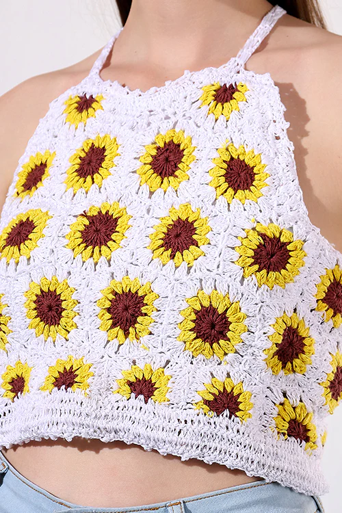 Ajoobaa Halternck  "Sunflower" Crochet White Top - Image 3