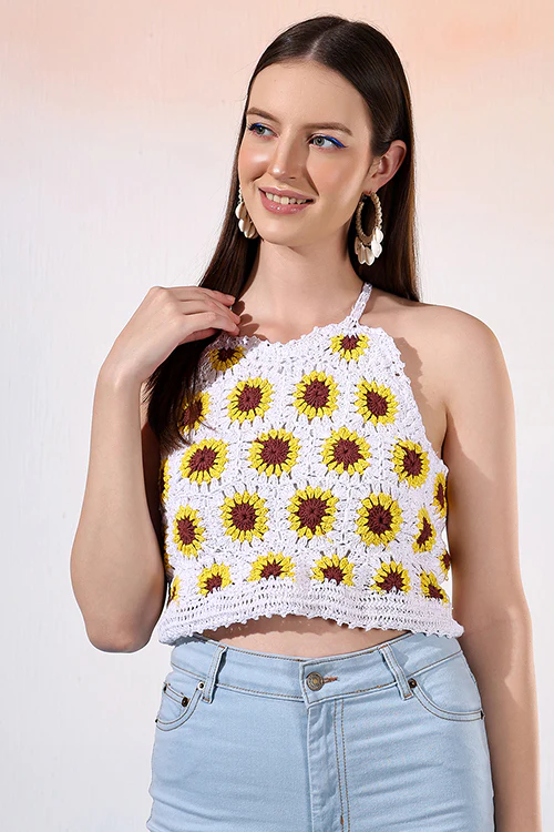 Ajoobaa Halternck  "Sunflower" Crochet White Top - Image 4