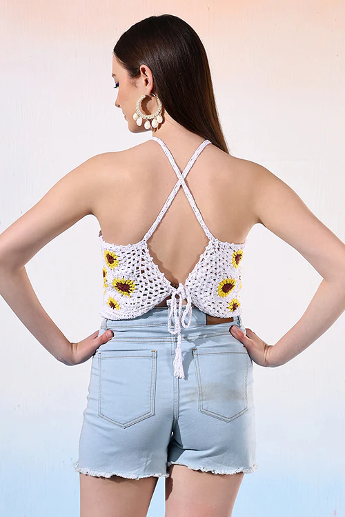 Ajoobaa Halternck  "Sunflower" Crochet White Top - Image 6