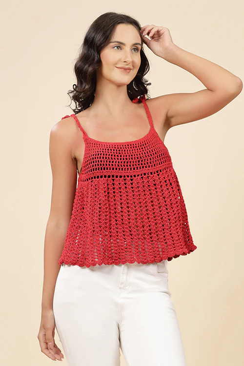 Ajoobaa "Umbrella" Flared Crochet Top For Women-Red - Image 3
