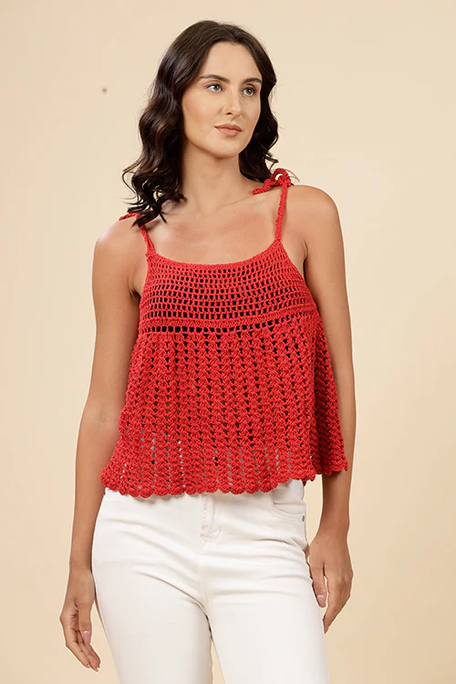 Ajoobaa "Umbrella" Flared Crochet Top For Women-Red - Image 4