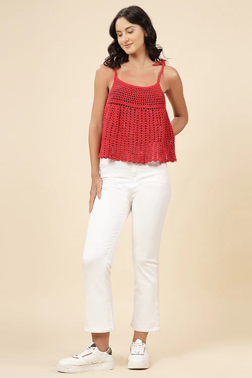 Ajoobaa "Umbrella" Flared Crochet Top For Women-Red - Image 6