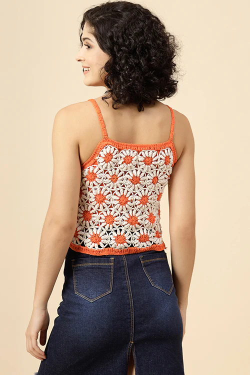 Ajoobaa"Daisy" Pure Cotton Handmade Top- Orange - Image 7