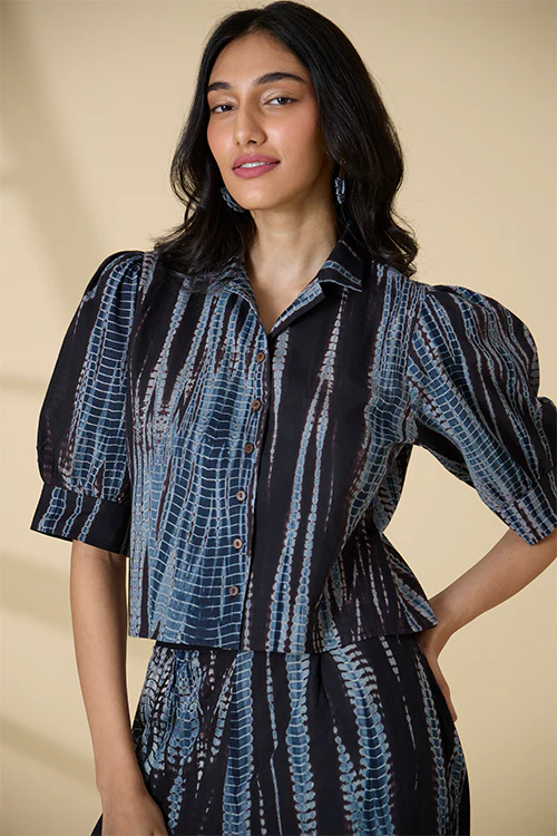 Okhai "Amalfi" Tie-and-Dye Pure Cotton Black Collared Top - Image 4