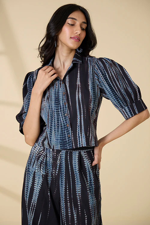 Okhai "Amalfi" Tie-and-Dye Pure Cotton Black Collared Top - Image 5