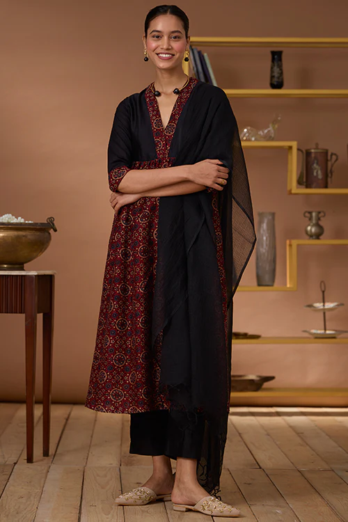 Okhai "Amber Flames" Handblock Printed Chanderi Silk Ajrakh Kurta Pant Set - Image 10