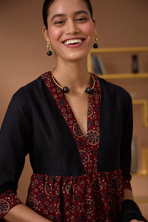 Okhai "Amber Flames" Handblock Printed Chanderi Silk Ajrakh Kurta Pant Set - Image 11