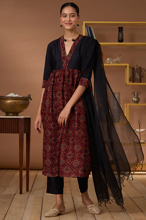 Okhai "Amber Flames" Handblock Printed Chanderi Silk Ajrakh Kurta Pant Set - Image 3
