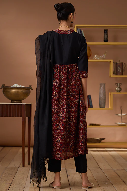 Okhai "Amber Flames" Handblock Printed Chanderi Silk Ajrakh Kurta Pant Set - Image 4