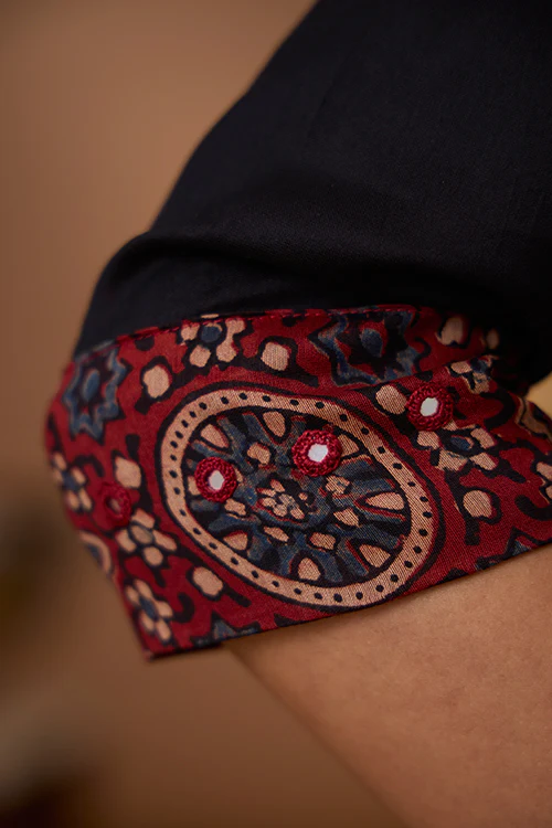 Okhai "Amber Flames" Handblock Printed Chanderi Silk Ajrakh Kurta Pant Set - Image 6