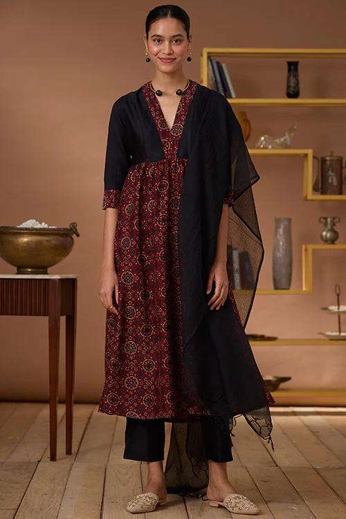 Okhai "Amber Flames" Handblock Printed Chanderi Silk Ajrakh Kurta Pant Set - Image 9