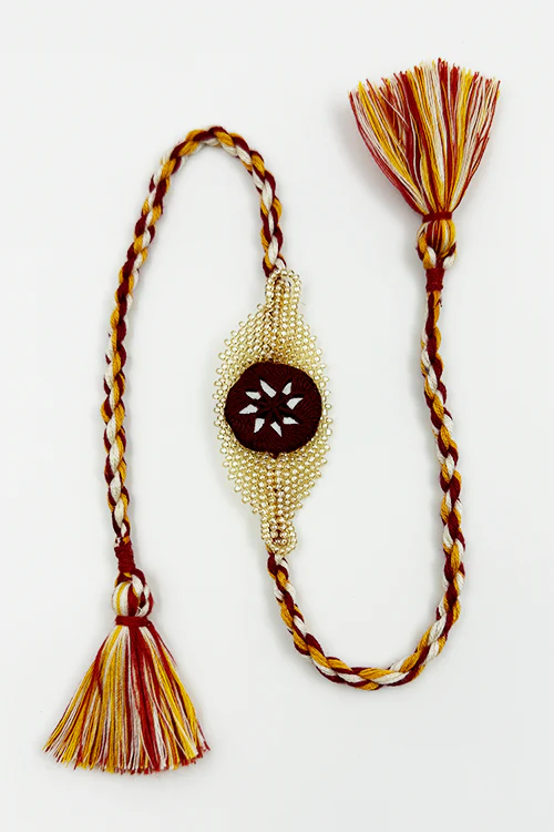 Antarang  (Set Of 2) Beaded Elegance Rakhi, 100% Cotton, Bhai Rakhi. Marron-Golden. Made By Divyang Rural Women - Image 3