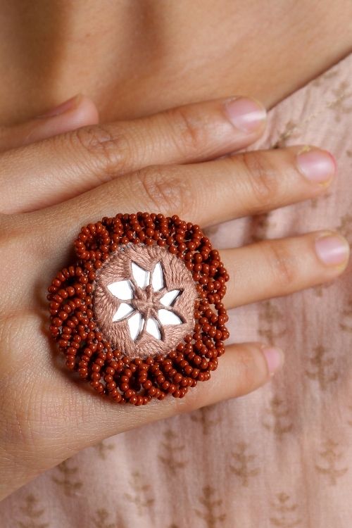 Antarang- Bhoomi (Brown) Bead Jumki Ring, 100% Cotton. Hand Made By Divyang Rural Women.