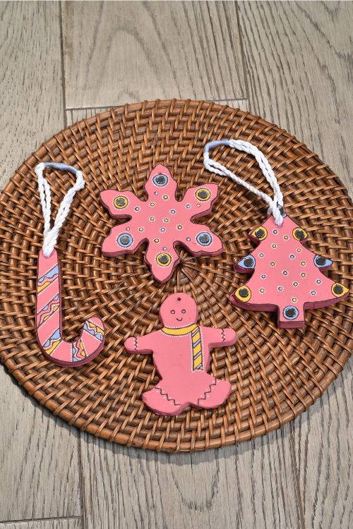 Antarang- Christmas Joy, Handcrafted: Terracotta Ornaments - Pink (Set Of 4)