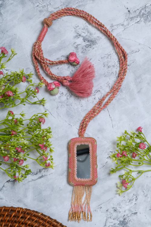 Antarang-  Gulabi (Pink)  Jumki Long Bead Neck Pc ,  100% Cotton. Hand Made By Divyang Rural Women. - Image 2