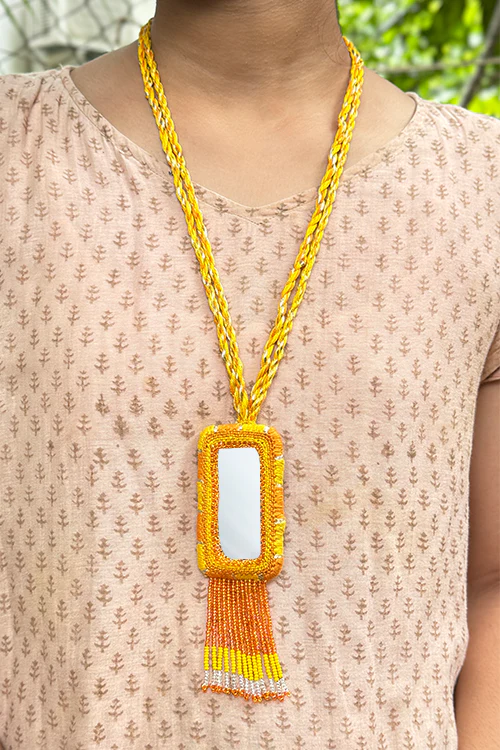 Antarang- Haldi Pushapa(Yellow-Orange), Bead Jumki Long Neck Piece, 100% Cotton. Hand Made By Divyang Rural Women.