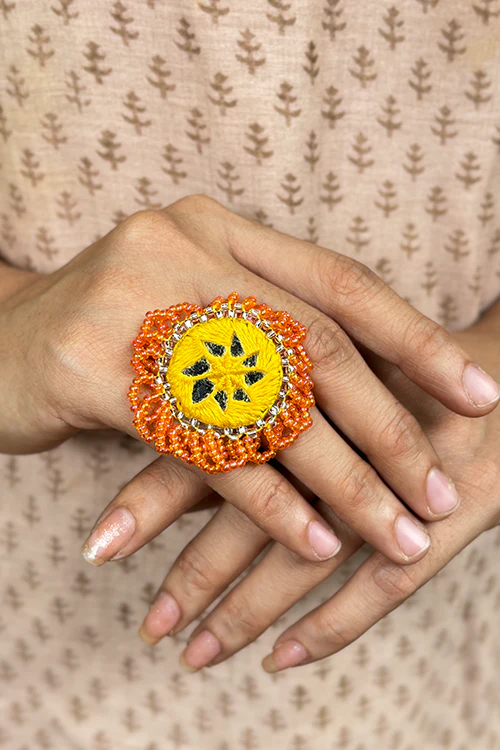Antarang- Haldi Pushpa(Yellow-Orange), Bead Jumki Ring, 100% Cotton. Hand Made By Divyang Rural Women.