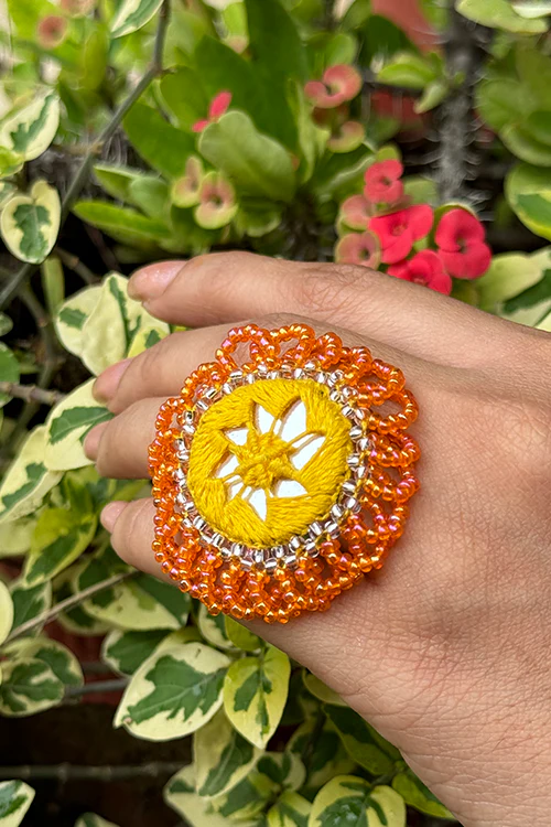 Antarang- Haldi Pushpa(Yellow-Orange), Bead Jumki Ring, 100% Cotton. Hand Made By Divyang Rural Women. - Image 3