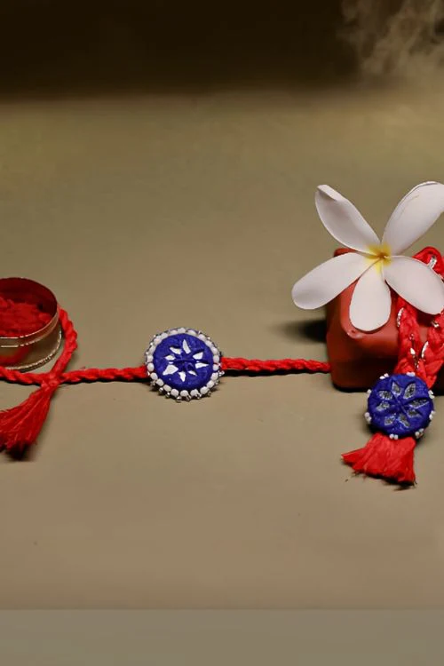 Antarang (Set Of 2) Mirror Work, 100% Cotton, Kajal Bhai Rakhi. Blue-Red. Made By Divyang Rural Women - Image 2