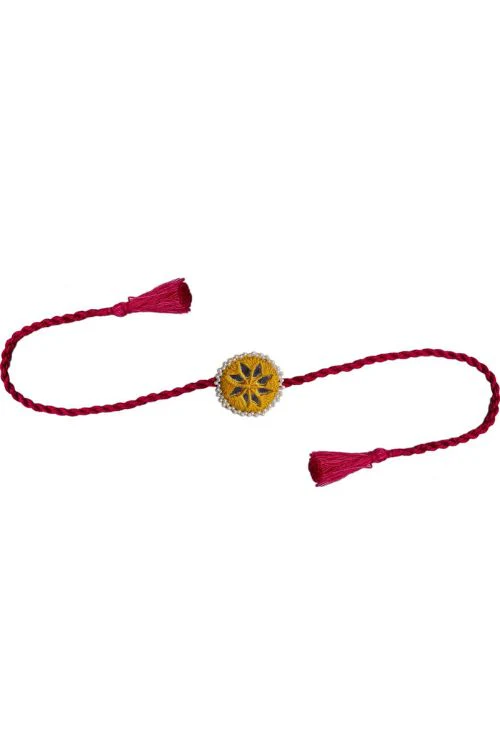 Antarang (Set Of 2) Mirror Work, 100% Cotton, Kajal Bhai Rakhi. Yellow-Red. Made By Divyang Rural Women