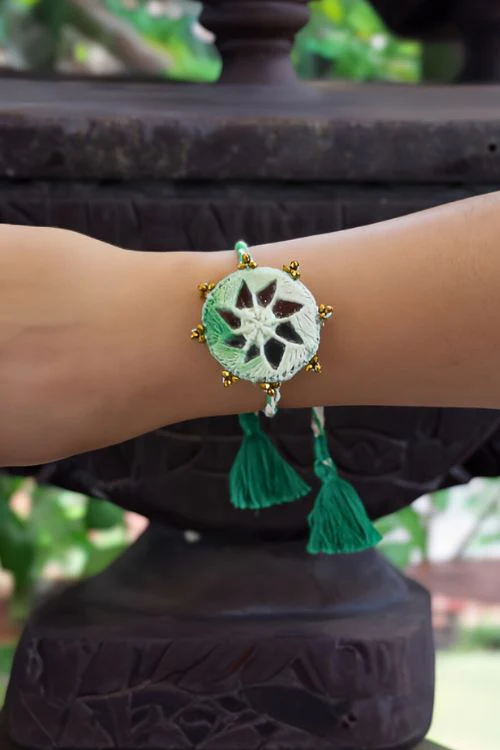 Antarang- Mirror Work, 100% Cotton, Set Of 3 Kanaaha Bhai Rakhi. Blue, Green And Pink, Made By Divyang Rural Women. - Image 3