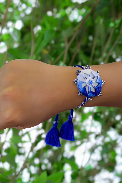 Antarang (Set Of 2) Mirror Work, 100% Cotton, Shaded Blue Kanaaha Bhai Rakhi. Made By Divyang Rural Women