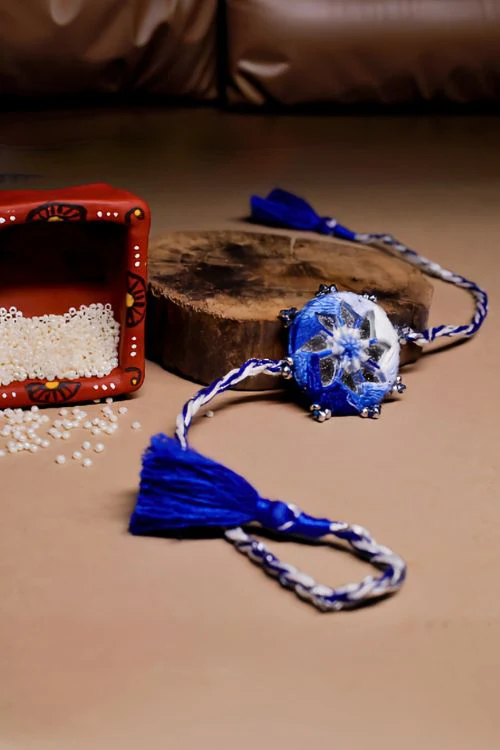 Antarang (Set Of 2) Mirror Work, 100% Cotton, Shaded Blue Kanaaha Bhai Rakhi. Made By Divyang Rural Women - Image 2