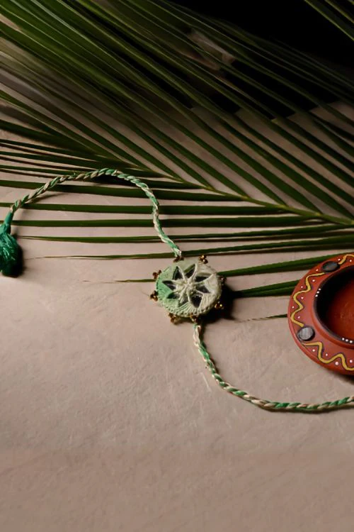 Antarang  (Set Of 2) Mirror Work, 100% Cotton, Shaded Green Kanaaha Bhai Rakhi. Made By Divyang Rural Women - Image 2