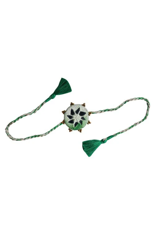 Antarang  (Set Of 2) Mirror Work, 100% Cotton, Shaded Green Kanaaha Bhai Rakhi. Made By Divyang Rural Women - Image 3