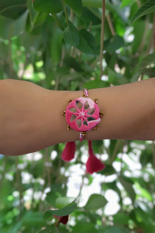Antarang (Set Of 2) Mirror Work, 100% Cotton, Shaded Pink Kanaaha Bhai Rakhi. Made By Divyang Rural Women