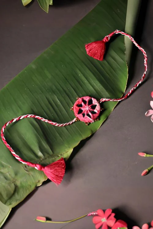 Antarang (Set Of 2) Mirror Work, 100% Cotton, Shaded Pink Kanaaha Bhai Rakhi. Made By Divyang Rural Women - Image 2