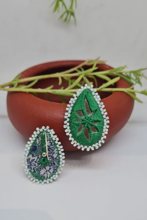 Antarang, Pan Green Stud Earings, 100% Cotton, Handmade By Divyang Rural Women - Image 3