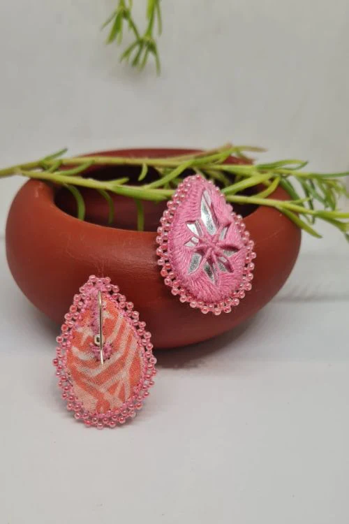 Antarang, Pan Pink Mirror Earings, 100% Cotton, Handmade By Divyang Rural Women - Image 3