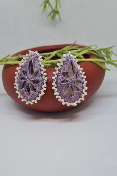 Antarang, Pan Purple Stud Mirror Earings, 100% Cotton, Handmade By Divyang Rural Women - Image 3