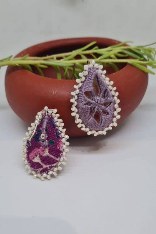 Antarang, Pan Purple Stud Mirror Earings, 100% Cotton, Handmade By Divyang Rural Women - Image 4