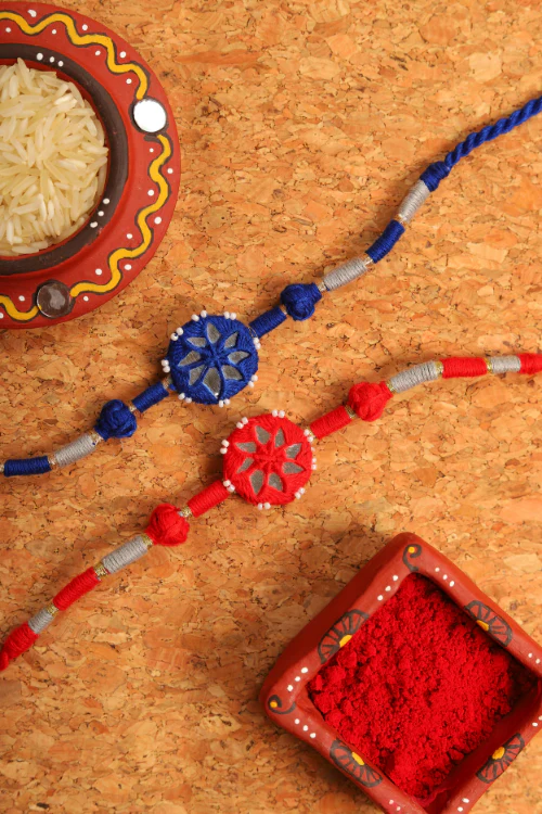 Antarang- Patwa Mirror Work, 100% Cotton, Bhai Rakhi Set. Blue- Red Made By Divyang Rural Women.