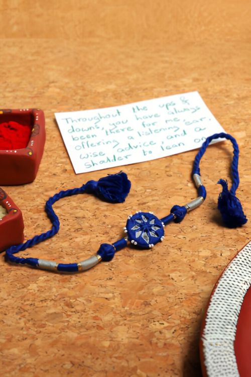Antarang- Patwa Mirror Work, 100% Cotton, Bhai Rakhi Set. Blue- Red Made By Divyang Rural Women. - Image 2